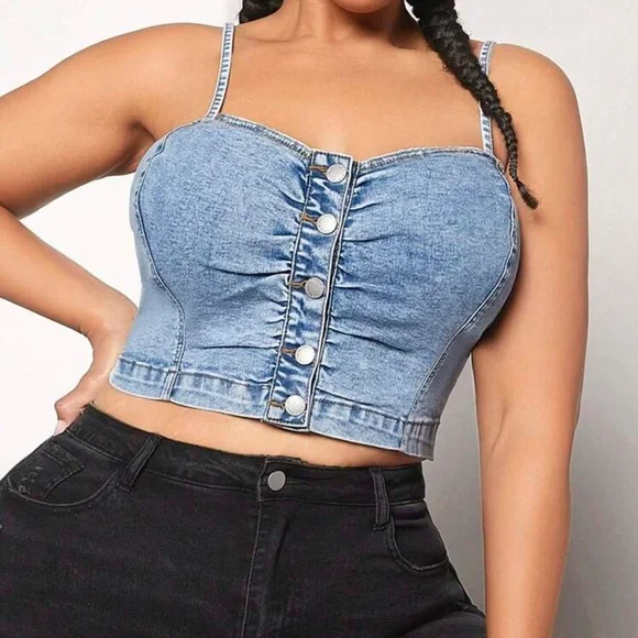 Women's Plus Size Denim corset Sleeveless Cami Crop Top - Picture 1 of 7